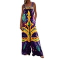 thumbnail image 1 of Women's Carnival Print Wide-Leg Overalls - Casual Loose Sleeveless Button Suspender Pants With Pockets, Dark Purple Size S, 1 of 6