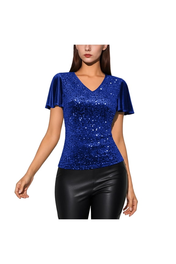 Women's Carnival Sequin Blouse Flutter Short Sleeve V Neck Pullover Shirt Blue XL