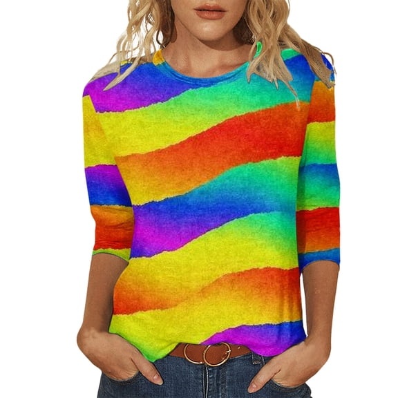 Women's Carnival T-Shirts with Rainbow Colorful Printed Round Neck 3/4 Sleeved Top Loose Revelry Blouses for Womens A-U S