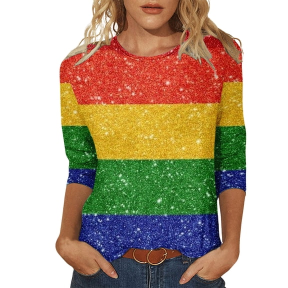 Women's Carnival T-Shirts with Rainbow Colorful Printed Round Neck 3/4 Sleeved Top Loose Revelry Blouses for Womens A-Z XL