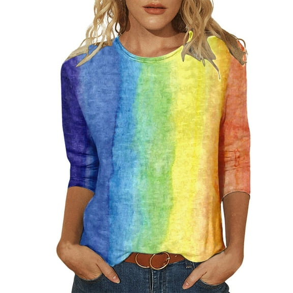 Women's Carnival T-Shirts with Rainbow Colorful Printed Round Neck 3/4 Sleeved Top Loose Revelry Blouses for Womens B-E XL