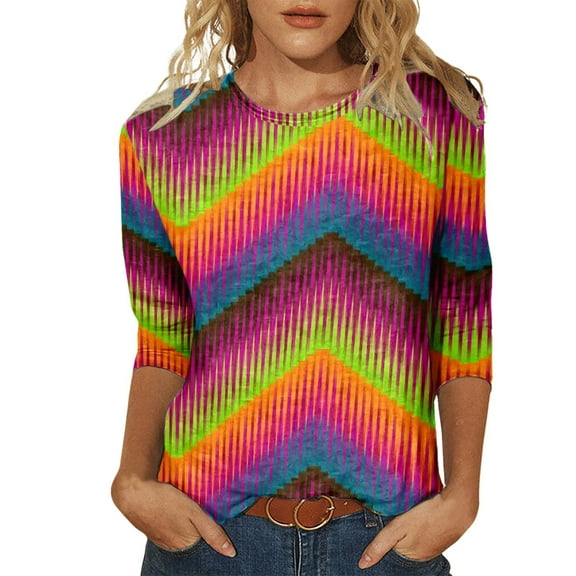 Women's Carnival T-Shirts with Rainbow Colorful Printed Round Neck 3/4 Sleeved Top Loose Revelry Blouses for Womens B-F XL