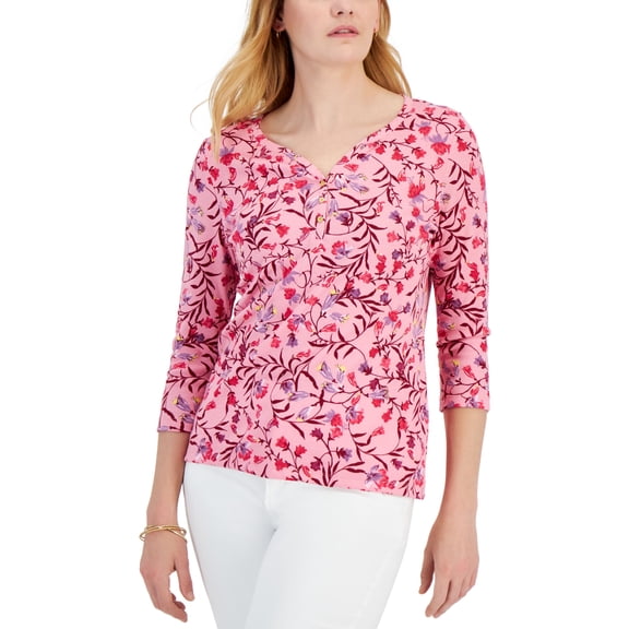 Women's Carolina Vine-Print 3/4-Sleeve Henley Top Sea Pink M