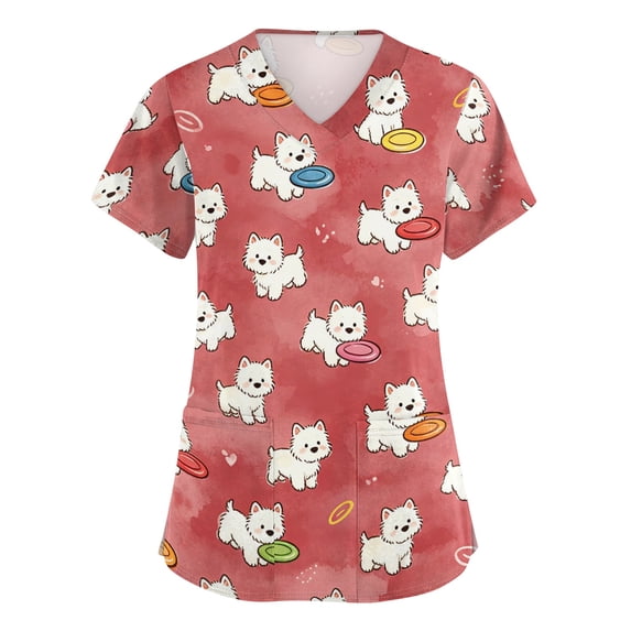 Women's Cartoon Animala Printed Scrub Tops Stretchy Breathable Short Sleeve Carer Working Shirts With Pockets