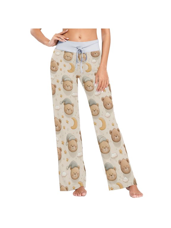 Women's Cartoon Bear Head Comfy Stretch Wide Leg Pajama Pants, Drawstring Waist Casual Lounge Pants
