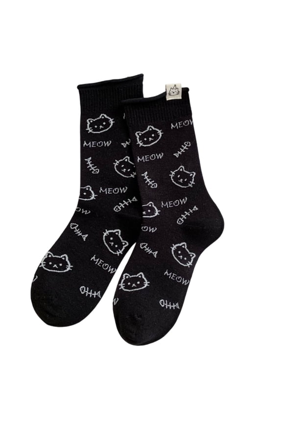 Women's Cartoon Cats Roll Cuff Combed Cotton Ankle Socks Japanese Student Aesthetic Mid-Calf Hosiery
