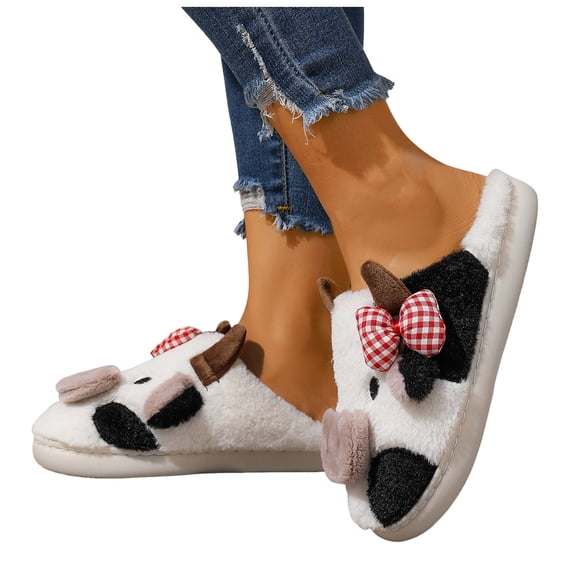 Women's Cartoon Cow House Slippers Winter Warm Lightweight Non Slip Fuzzy Slippers Comfortable Plush Home Shoes Black Size 8