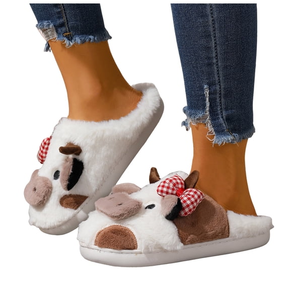 Women's Cartoon Cow House Slippers Winter Warm Lightweight Non Slip Fuzzy Slippers Comfortable Plush Home Shoes Brown Size 10