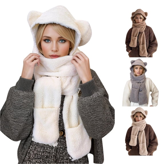 Women's Cartoon Cute Bear Hat Scarf Autumn Lightweight Warm Comfortable Ear Surround Connect Hat Scarf Set