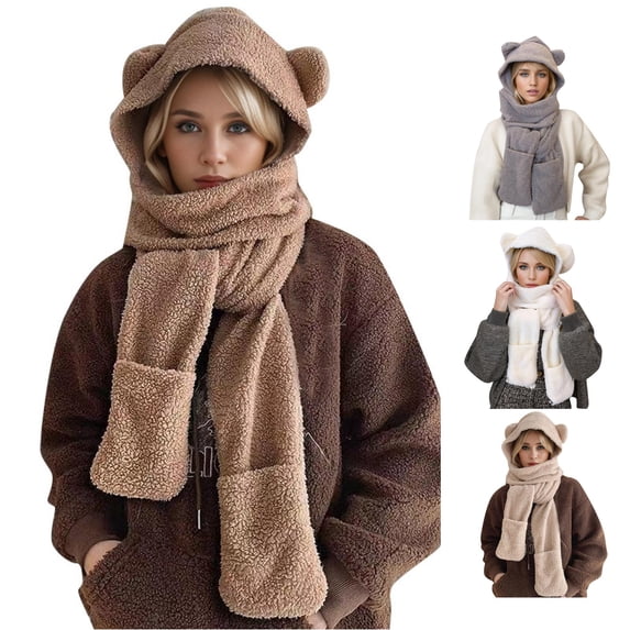 Women's Cartoon Cute Bear Hat Scarf Autumn Lightweight Warm Comfortable Ear Surround Connect Hat Scarf Set