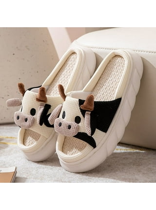 Lovskoo 2024 Cow Slippers for Women and Men Closed Toe Winter Cute Animal  Home Cotton Slippers for Couples Warm Thickened Indoor Non-Slip Shoes Brown  