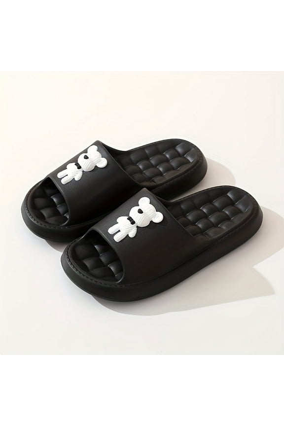 Women's Cartoon Decor Slides, Comfortable Open Toe Slip On Shoes, Women's Bow Tie Bear Decor Slides