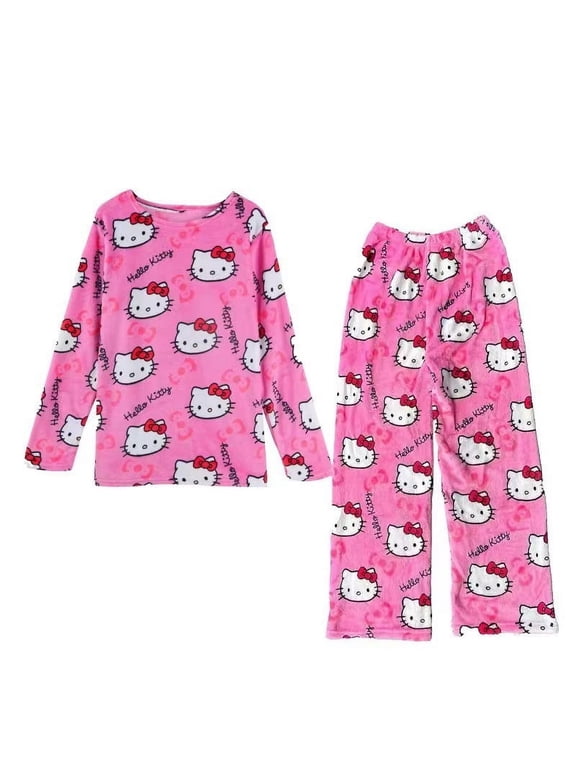 Women’s Cartoon Hellokitty Flannel Pajama Set, Long Sleeve Top & Wide Leg Pants, Soft Loungewear for Halloween, Christmas Gift, Ladies Sleepwear