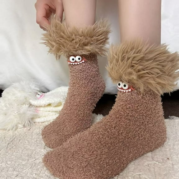 Women's Cartoon Monster Plush Socks, Fleece Lined Thickened Warm Sleeping Socks, Cozy Coral Fleece Home Socks for Indoor Lounging, Non-Slip Sole Comfortable House Socks with Playful Style Khaki