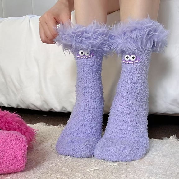 Women's Cartoon Monster Plush Socks, Fleece Lined Thickened Warm Sleeping Socks, Cozy Coral Fleece Home Socks for Indoor Lounging, Non-Slip Sole Comfortable House Socks with Playful Style Purple