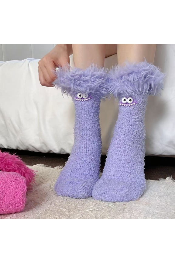 Women's Cartoon Monster Plush Socks, Fleece Lined Thickened Warm Sleeping Socks, Cozy Coral Fleece Home Socks for Indoor Lounging, Non-Slip Sole Comfortable House Socks with Playful Style Purple