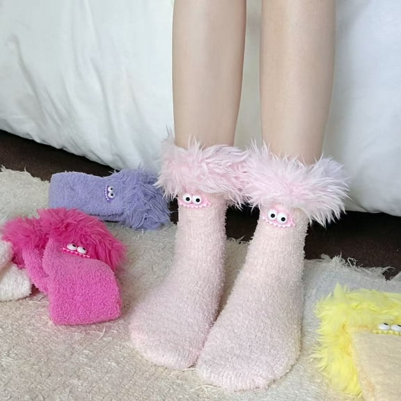Women's Cartoon Monster Plush Socks, Fleece Lined Thickened Warm Sleeping Socks, Cozy Coral Fleece Home Socks for Indoor Lounging, Non-Slip Sole Comfortable House Socks with Playful Style Pink