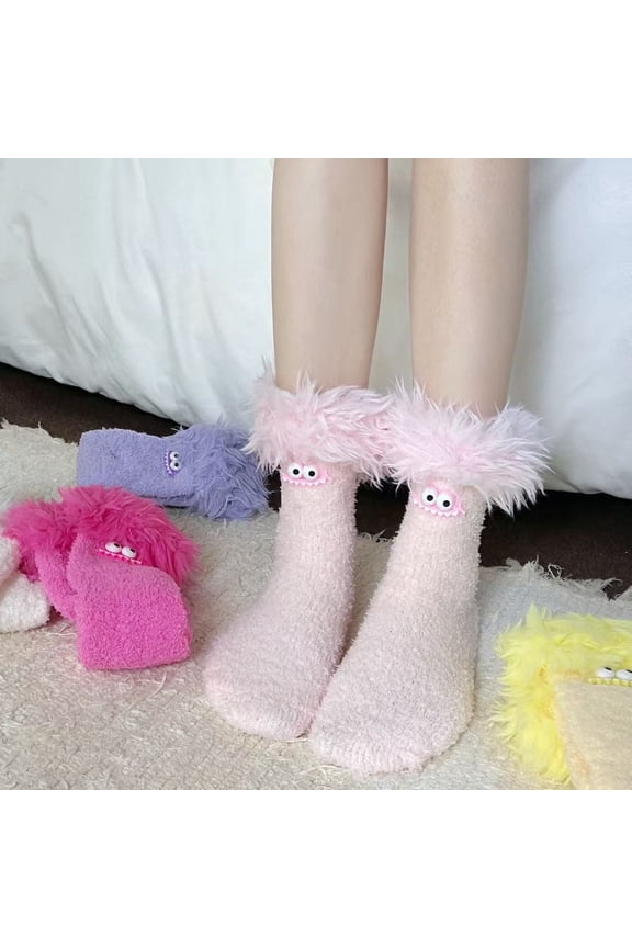 Women's Cartoon Monster Plush Socks, Fleece Lined Thickened Warm Sleeping Socks, Cozy Coral Fleece Home Socks for Indoor Lounging, Non-Slip Sole Comfortable House Socks with Playful Style Pink