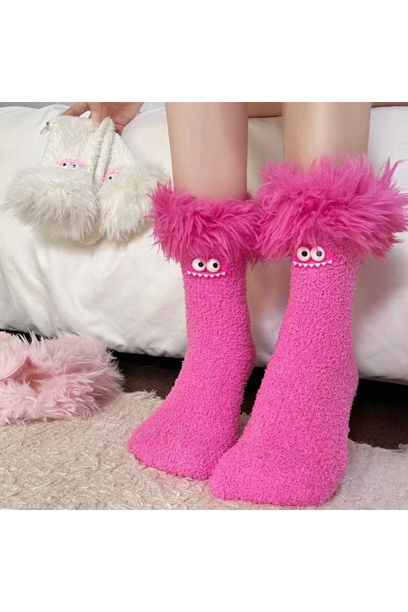 Women's Cartoon Monster Plush Socks, Fleece Lined Thickened Warm Sleeping Socks, Cozy Coral Fleece Home Socks for Indoor Lounging, Non-Slip Sole Comfortable House Socks with Playful Style Hot Pink