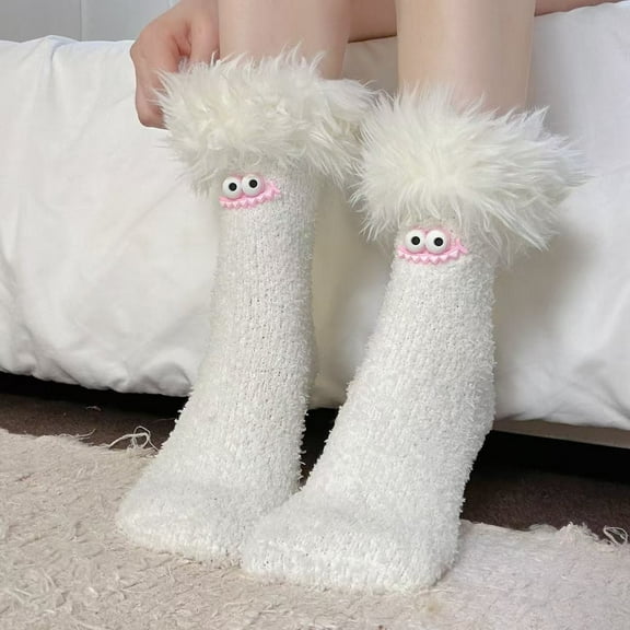 Women's Cartoon Monster Plush Socks, Fleece Lined Thickened Warm Sleeping Socks, Cozy Coral Fleece Home Socks for Indoor Lounging, Non-Slip Sole Comfortable House Socks with Playful Style White