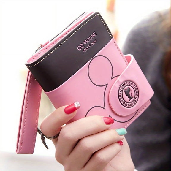New Women's Cartoon Pattern Short Wallet Simple Foldable Coin Purse Card Hoder with Wristlet