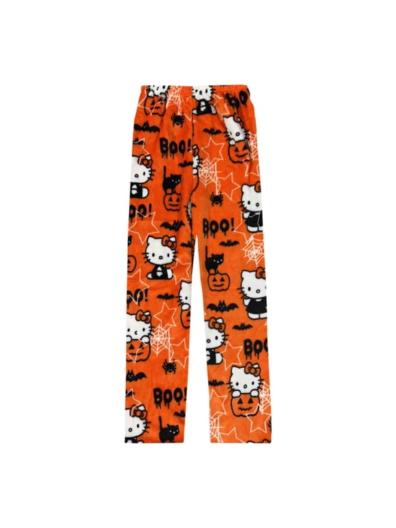 Women’s Cartoon Print Flannel Lounge Pants, Soft Hellokitty Sleep Pants, Casual Home Trousers for Halloween Outfit, Christmas Gift for Ladies