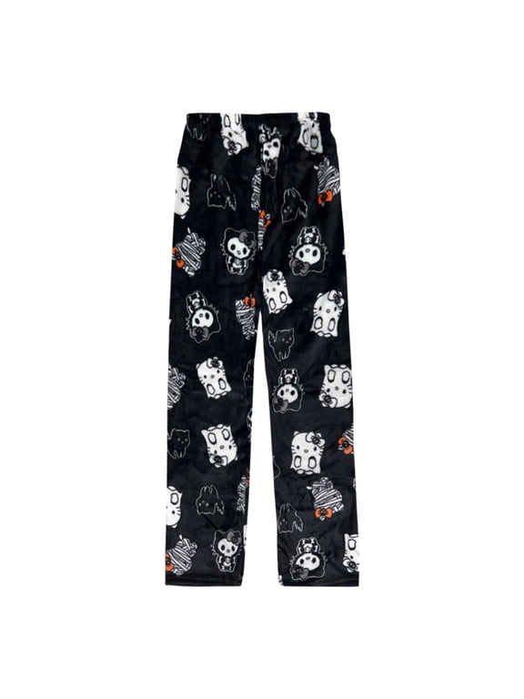 Women’s Cartoon Print Flannel Lounge Pants, Soft Hellokitty Sleep Pants, Casual Home Trousers for Halloween Outfit, Christmas Gift for Ladies
