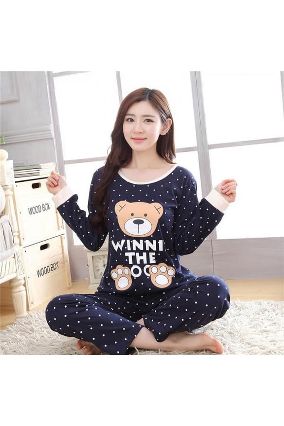 Women's Cartoon Print Long Sleeves Sweet Loose Sleepwear Autumn Winter Pajama Sets