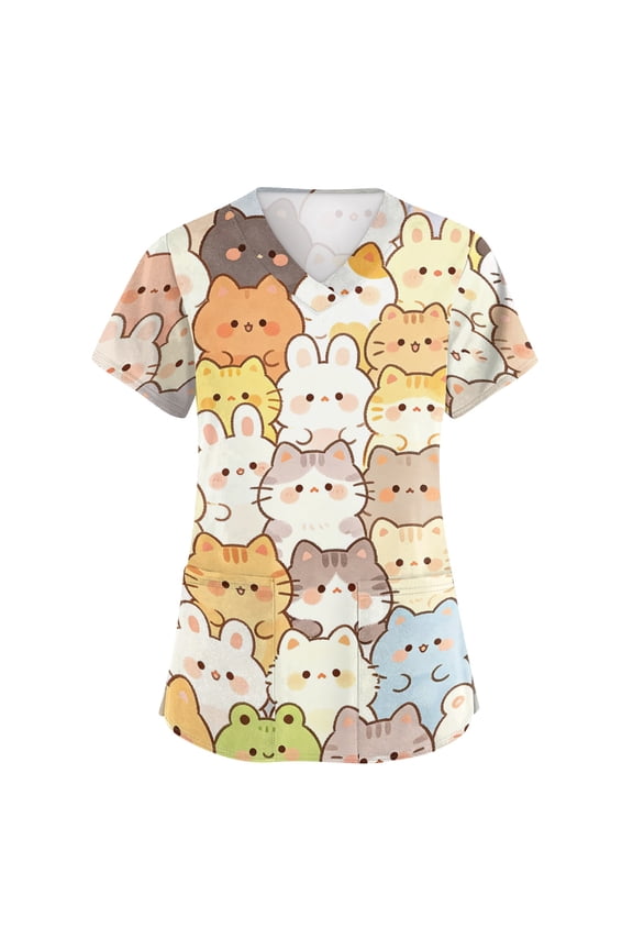 Women's Cartoon Print Scrub Tops V Neck Short Sleeve Scrub Shirts