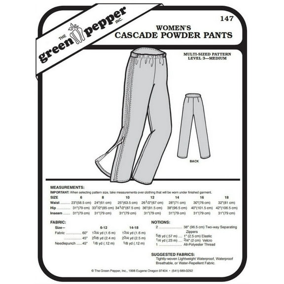 Women's Cascade Powder Snow Pants #147 Sewing Pattern (Pattern Only)