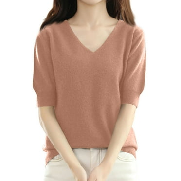 Women's Lightweight Merino Wool Sweater Summer Short Sleeve V-Neck Pullover Soft Knit Blouse for Casual & Office Wear Camel M