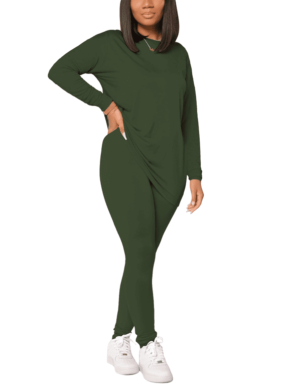 Women's Casual 2 Piece Lounge Sets Drop Shoulder Long Sleeve Loose Top Slim Jogger Pants Soft Comfortable Biker Workout Tracksuits 2026 Fall Fashion Green 2XL