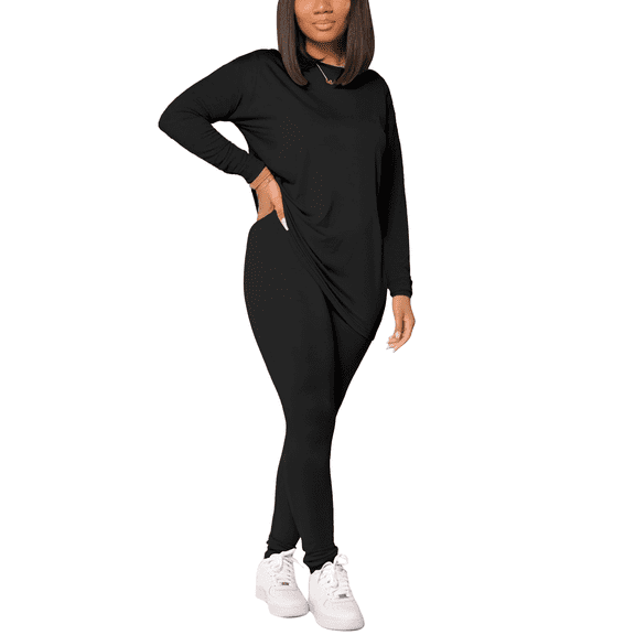 Women's Casual 2 Piece Lounge Sets Drop Shoulder Long Sleeve Loose Top Slim Jogger Pants Soft Comfortable Biker Workout Tracksuits 2026 Fall Fashion Black XL