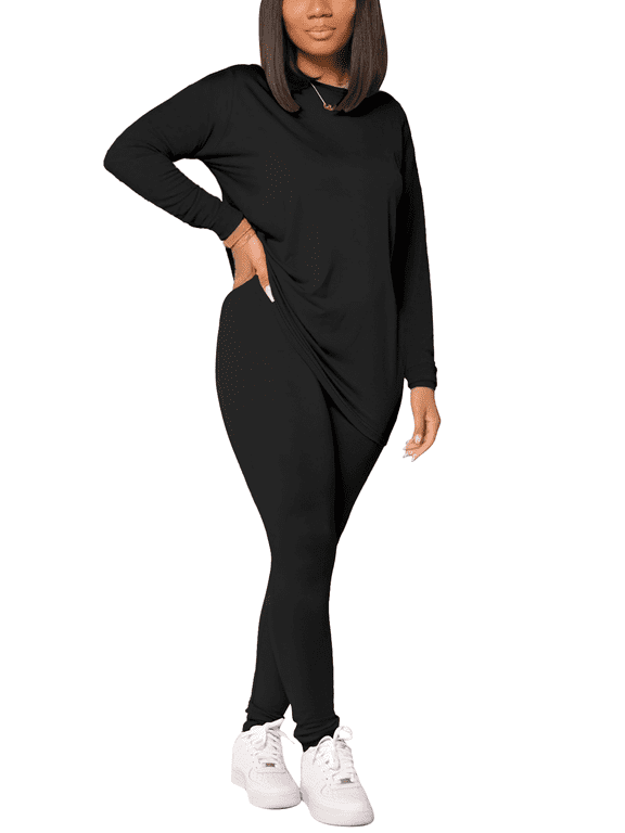 Women's Casual 2 Piece Lounge Sets Drop Shoulder Long Sleeve Loose Top Slim Jogger Pants Soft Comfortable Biker Workout Tracksuits 2026 Fall Fashion Black L