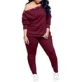 thumbnail image 1 of Women's Casual 2 Piece Outfit One Shoulder Long Sleeve Solid Color Pullover Tops and Leggings Pants Set New Beach Vacation Outfits for Women 2 Piece Set Wine M, 1 of 8