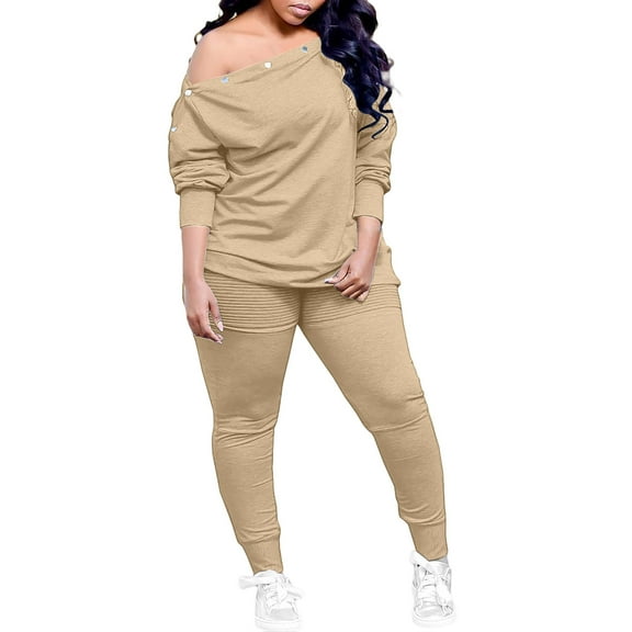 Women's Casual 2 Piece Outfit One Shoulder Long Sleeve Solid Color Pullover Tops and Leggings Pants Set New Plus Size Pajama Set Khaki XXL