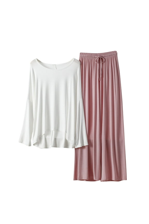Women's Casual 2 Piece Outfits Crew Neck Long Sleeve Tops and Wide Leg Pants Sets Loungewear Pajamas Ladies Clothes