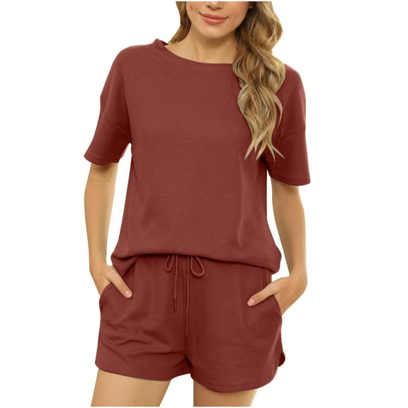 Women's Casual 2 Piece Outfits Round Neck Short Sleeve Tops and Drawstring Shorts Lounge Sets Pajamas with Pockets