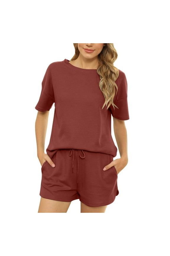 Women's Casual 2 Piece Outfits Round Neck Short Sleeve Tops and Drawstring Shorts Lounge Sets Pajamas with Pockets