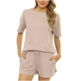 thumbnail image 1 of Women's Casual 2 Piece Outfits Round Neck Short Sleeve Tops and Drawstring Shorts Lounge Sets Pajamas with Pockets, 1 of 5