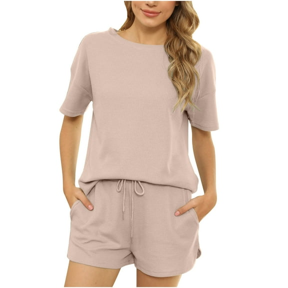 Women's Casual 2 Piece Outfits Round Neck Short Sleeve Tops and Drawstring Shorts Lounge Sets Pajamas with Pockets