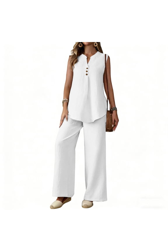 Women's Casual 2 Piece Outfits Ruffle Tank Top Wide Leg Long Palazzo Pants Matching Set White M(M)