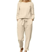 Women's Casual 2 Piece Outfits Solid Crewneck Long Sleeve Top and Tie Waist Pants Lounge Set Tracksuit with Pockets