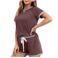 thumbnail image 1 of Women's Casual 2 Piece Outfits Summer Crew Neck Short Sleeve Tops and Drawstring Shorts Lounge Sets Sleepwear, 1 of 5
