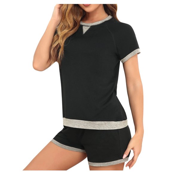 Women's Casual 2 Piece Outfits Summer Crew Neck Short Sleeve Tops and Drawstring Shorts Lounge Sets Sleepwear
