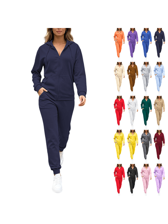 Women's Casual 2 Piece Set Zipper Sweatsuits Solid Color Oversized Hoodies and Sweatpants with Pockets Fashionable Winter Jogging Sets