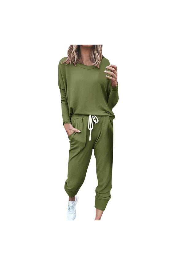 Women's Casual 2 Piece Sets Clothes Long Sleeve Crewneck Tops with High Waist Jogger Pants Trendy Tracksuits Army Green,2XL