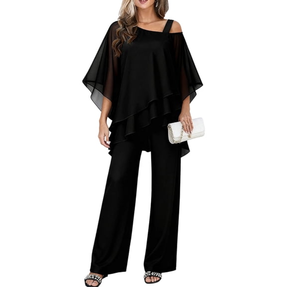 Women's Casual 2 Piece Sets Trendy Irregular Chiffon Wide Leg Pant Sets Dressy Pant Suits 2XL