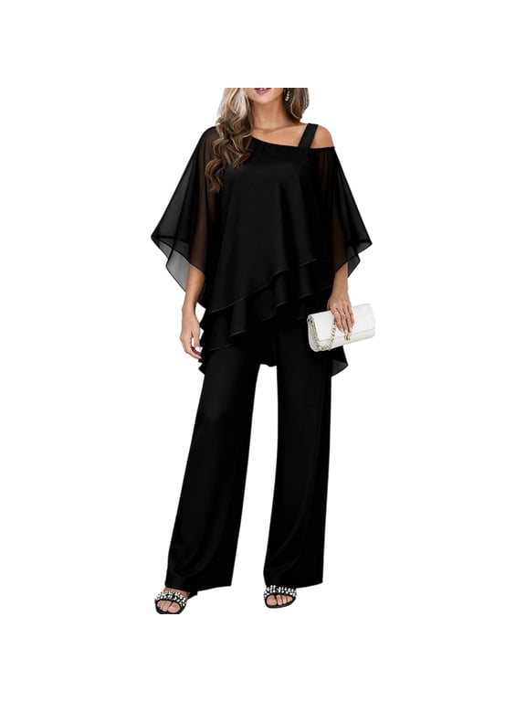 Women's Casual 2 Piece Sets Trendy Irregular Chiffon Wide Leg Pant Sets Dressy Pant Suits 2XL