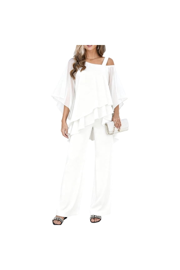 Women's Casual 2 Piece Sets Trendy Irregular Chiffon Wide Leg Pant Sets Dressy Pant Suits M